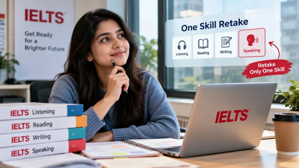 Indian student preparing for IELTS One Skill Retake exam with study materials