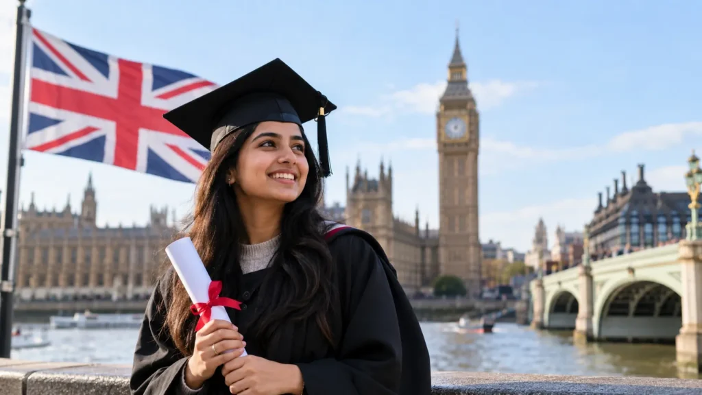 Indian student graduating in London with Big Ben and UK flag
