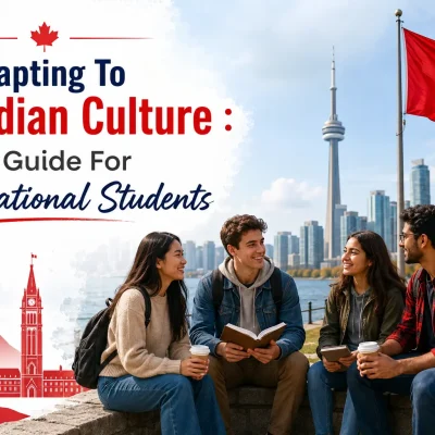 International students adapting to Canadian culture while studying together in Toronto with the CN Tower and Canadian flag in the background.