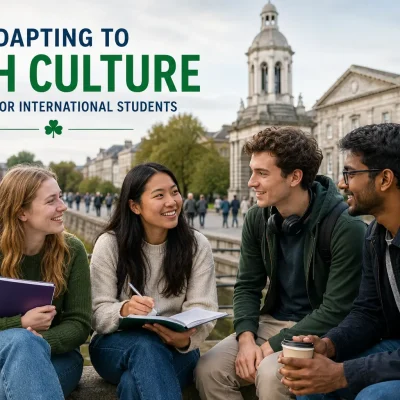 Adapting To Irish Culture: International students studying together at a university campus in Ireland