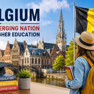 Student studying in Belgium with Belgian flag and historic cityscape representing higher education opportunities in Belgium