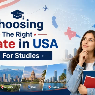 Student choosing the right state in USA for higher education with map of America and major study destinations including California, Colorado, Texas and Florida.
