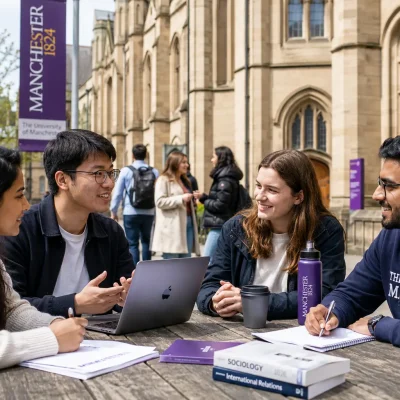 International students networking and studying together on a UK university campus