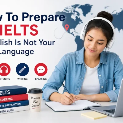 How To Prepare For IELTS If English Is Not Your First Language – Student studying for IELTS exam with books, laptop, headphones, and world map background.