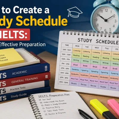 Student study schedule for IELTS preparation with books, planner, and study materials