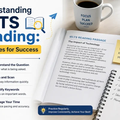Understanding IELTS Reading: Strategies for Success infographic with IELTS reading tips including skimming, scanning, keyword identification, and time management.