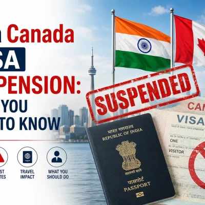 India Canada visa suspension with Indian and Canadian flags, passport, and visa concept image