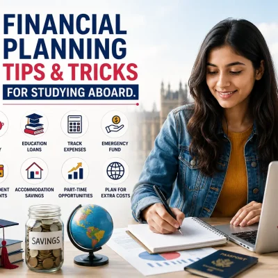 10 Financial Planning Tips & Tricks for Studying Abroad – Student budgeting expenses for international education with savings, calculator, and UK landmarks
