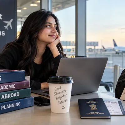 Indian student preparing to study abroad with laptop and passport