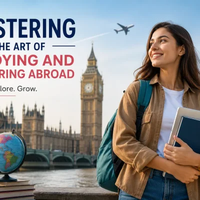 Mastering the Art of Studying and Exploring Abroad – Student studying abroad in the UK with books, backpack, and London landmarks