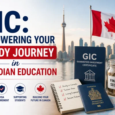 Guaranteed Investment Certificate (GIC) for studying in Canada with Canadian passport, financial savings, and education concept