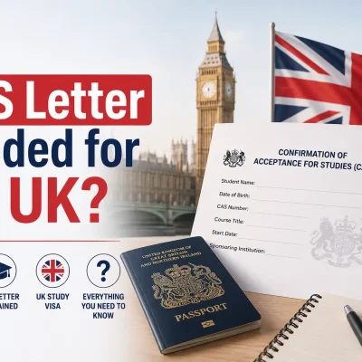 CAS Letter for UK student visa with UK passport, Big Ben, and Confirmation of Acceptance for Studies document