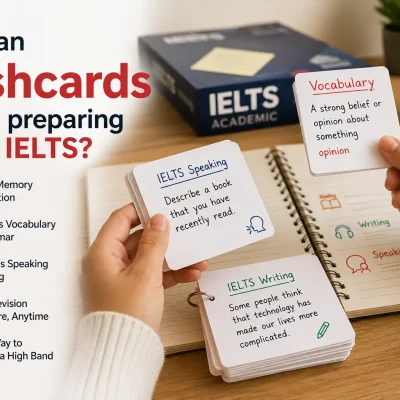 Flashcards helping students prepare for the IELTS exam with vocabulary and speaking practice