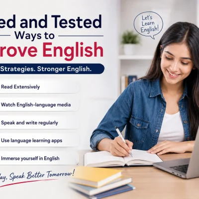 5 Tried and Tested Ways to Improve English – Student learning English with reading, speaking, writing, language apps, and English media