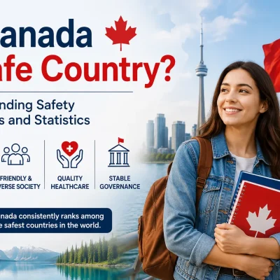 Is Canada a Safe Country? Understanding Safety Standards and Statistics with Canadian flag, skyline, and international student