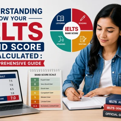 Student preparing for IELTS exam with band score chart explaining how IELTS band scores are calculated