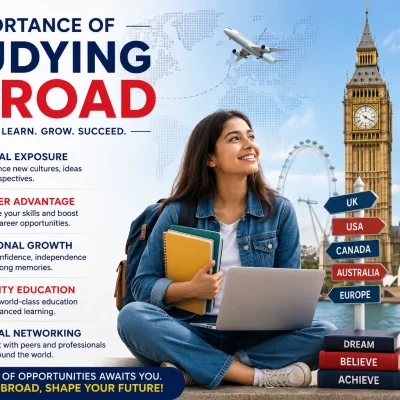 Importance of studying abroad with global education opportunities, international student, world landmarks, and career growth.