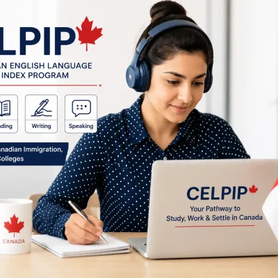Student preparing for the CELPIP exam on a laptop with Canadian flag and study materials