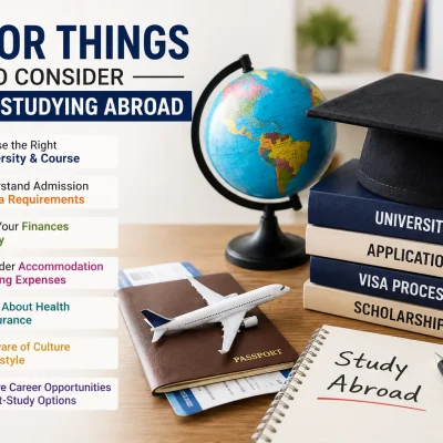 Major Things to Consider Before Studying Abroad including university selection, visa process, scholarships, accommodation and finances