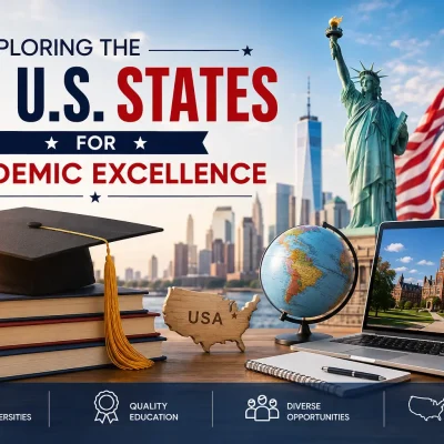 Exploring the Top U.S. States for Academic Excellence featuring top universities, U.S. education, Statue of Liberty, graduation cap, and study abroad opportunities
