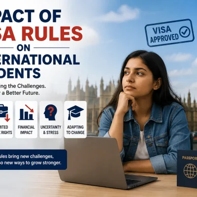 Impact of Visa Rules on International Students blog featured image showing an international student with a passport, laptop, and UK immigration theme.