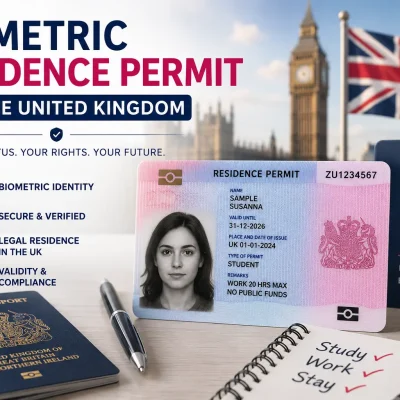 Biometric Residence Permit for the United Kingdom featuring UK residence permit, British passport, student visa, and immigration documents