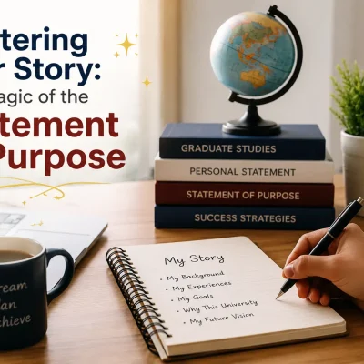 Student writing a Statement of Purpose (SOP) for university admission on a study desk