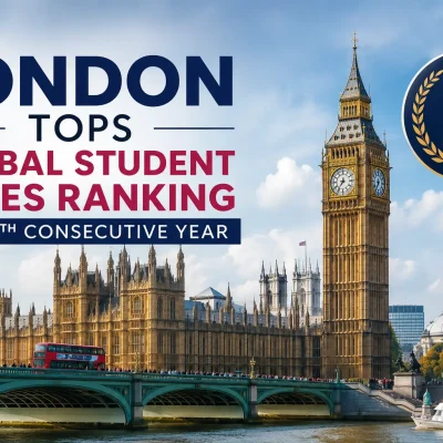 London tops Global Student Cities Ranking for the 5th consecutive year with Big Ben and the Houses of Parliament in the background.