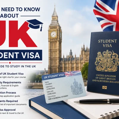 All You Need To Know About UK Student Visa – UK student visa guide with passport, visa card and Big Ben
