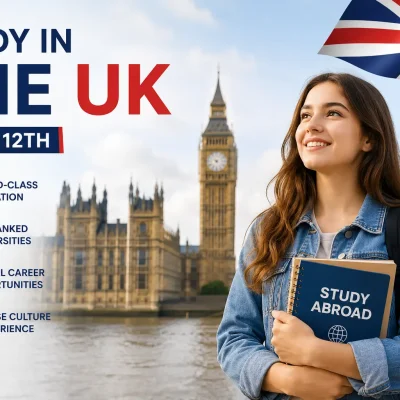 Study in the UK after 12th – Student in London with Big Ben and UK Flag