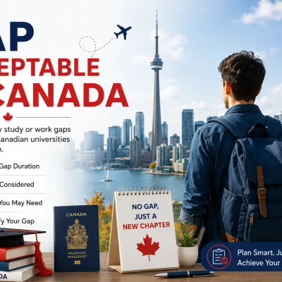 Gap Acceptable in Canada guide for international students with Canada skyline, passport, and student backpack