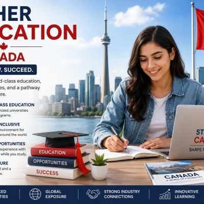 Higher education in Canada for international students with university, Canadian flag, and student studying