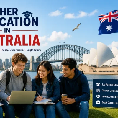 Students studying at an Australian university campus with the Sydney Opera House and Australian flag representing higher education in Australia.