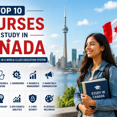Top 10 courses to study in Canada for international students including Computer Science, Engineering, Business, Healthcare, and Data Science.