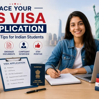 Indian student preparing for a US student visa application with passport, documents, and laptop for studying in the USA
