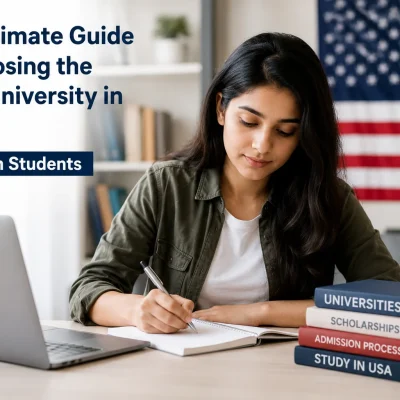 Indian student choosing the right university in the USA for higher education using a laptop and study resources