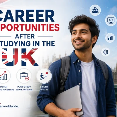 Career Opportunities After Studying in the UK blog featured image showing an international student with Big Ben and career growth icons.