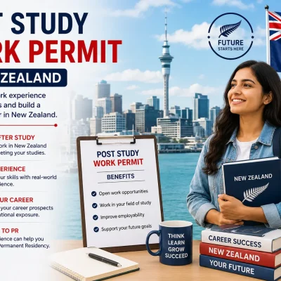 Post study work permit in New Zealand with international student, Auckland skyline, career opportunities, and graduate work visa.