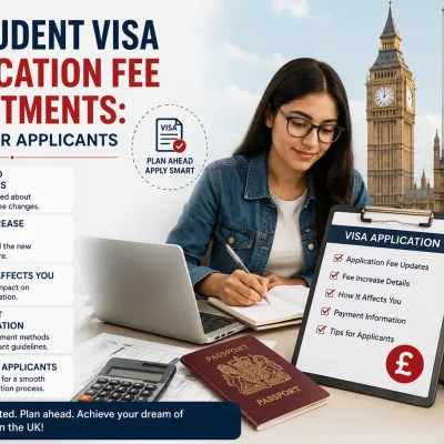 UK Student Visa Application Fee Adjustments guide with passport, visa documents, and application fee planning for international students.