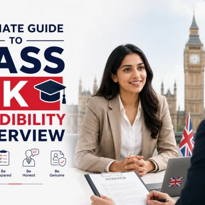 Ultimate Guide to Pass UK Credibility Interview with student attending a UK university interview in front of Big Ben and London skyline.