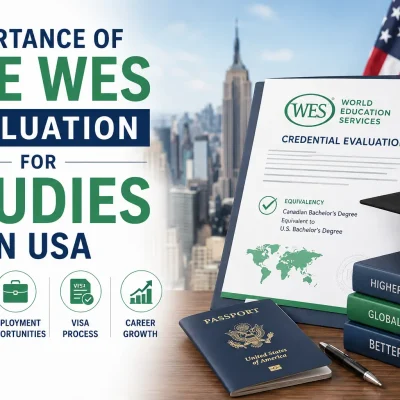 Importance of the WES Evaluation for Studies in USA – WES credential evaluation document with USA flag, graduation cap, passport, and university admission concept.