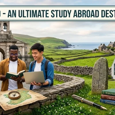 International students studying in Ireland with iconic Irish landmarks, modern universities, and a vibrant campus environment, representing Ireland as a top study abroad destination.