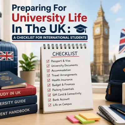 International students preparing for university life in the UK with study checklist, passport, luggage, and university essentials