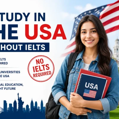 Study in The USA Without IELTS – Indian Student with USA Flag and University Campus
