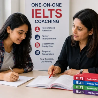 One-on-one IELTS coaching session with a tutor helping a student prepare for the IELTS exam in a classroom setting.