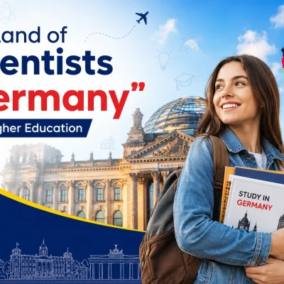 The Land of Scientists Germany for Higher Education – Student in front of the German Parliament and national flag