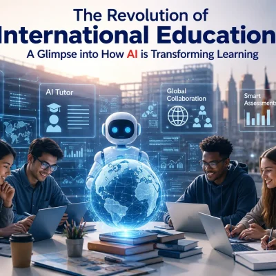The Revolution of International Education: AI transforming global learning with diverse international students, digital technology, virtual AI tutor, and smart education tools.