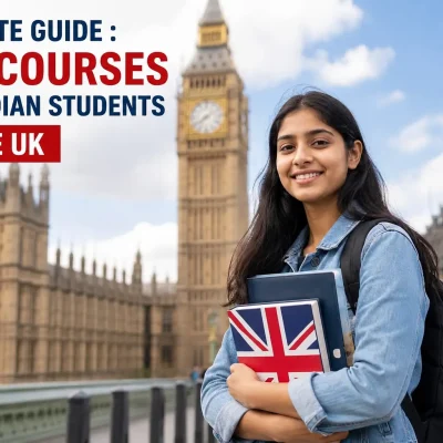 Indian student in London with books near Big Ben representing top courses for Indian students in the UK