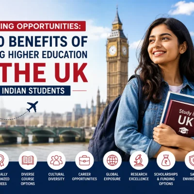 Unlocking Opportunities: Top 10 Benefits of Pursuing Higher Education in the UK for Indian Students featuring a student with London landmarks