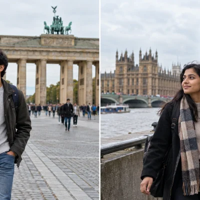 Indian students near Brandenburg Gate in Berlin and Big Ben in London